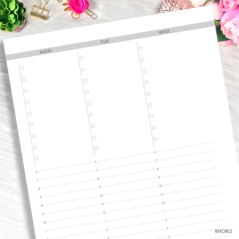 May include: A weekly planner with three columns labeled "Mon", "Tue", and "Wed". Each column has a list of numbered boxes for daily tasks.