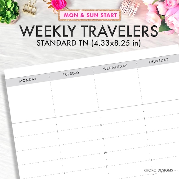 Travelers Notebook Einlagen, Weekly TN Einlagen Undatiert PDF Download, Standard TN druckbare Einlage, Woche auf zwei Seiten WO2P Minimal Design Time