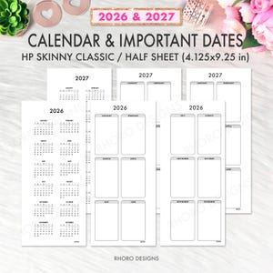 Op de afbeelding: Witte planner inzetstukken met de tekst "2026 & 2027 CALENDAR & IMPORTANT DATES". De inzetstukken zijn gelabeld "HP SKINNY CLASSIC / HALF SHEET (10.48x23.50 cm)" en bevatten jaarlijkse en maandelijkse kalenderindelingen.