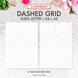 Puede incluir: Dos diseños de cuadrícula de puntos blancos para planificadores, con el texto "DASHED GRID" y "SIZES: LETTER | A4 | A5". La cuadrícula es de 3,7 mm. La imagen también incluye elementos decorativos como flores y un clip dorado.
