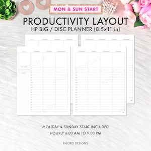 Op de afbeelding: Een witte productiviteitslayoutplanner met de tekst "PRODUCTIVITY LAYOUT" en "HP BIG / DISC PLANNER (8.5x11 in)". De planner bevat secties voor elke dag van de week, met uurschema's van 6:00 tot 21:00 uur. De tekst "MON & SUN START" is ook zichtbaar.