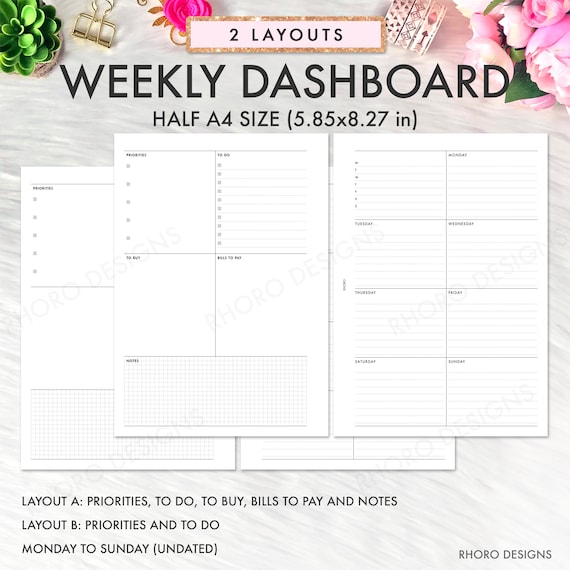 Half A4 Planner Inserts Printable, Weekly Dashboard Insert, Half A4 Printable, Half A4 Planner Inserts, Weekly Undated Printable