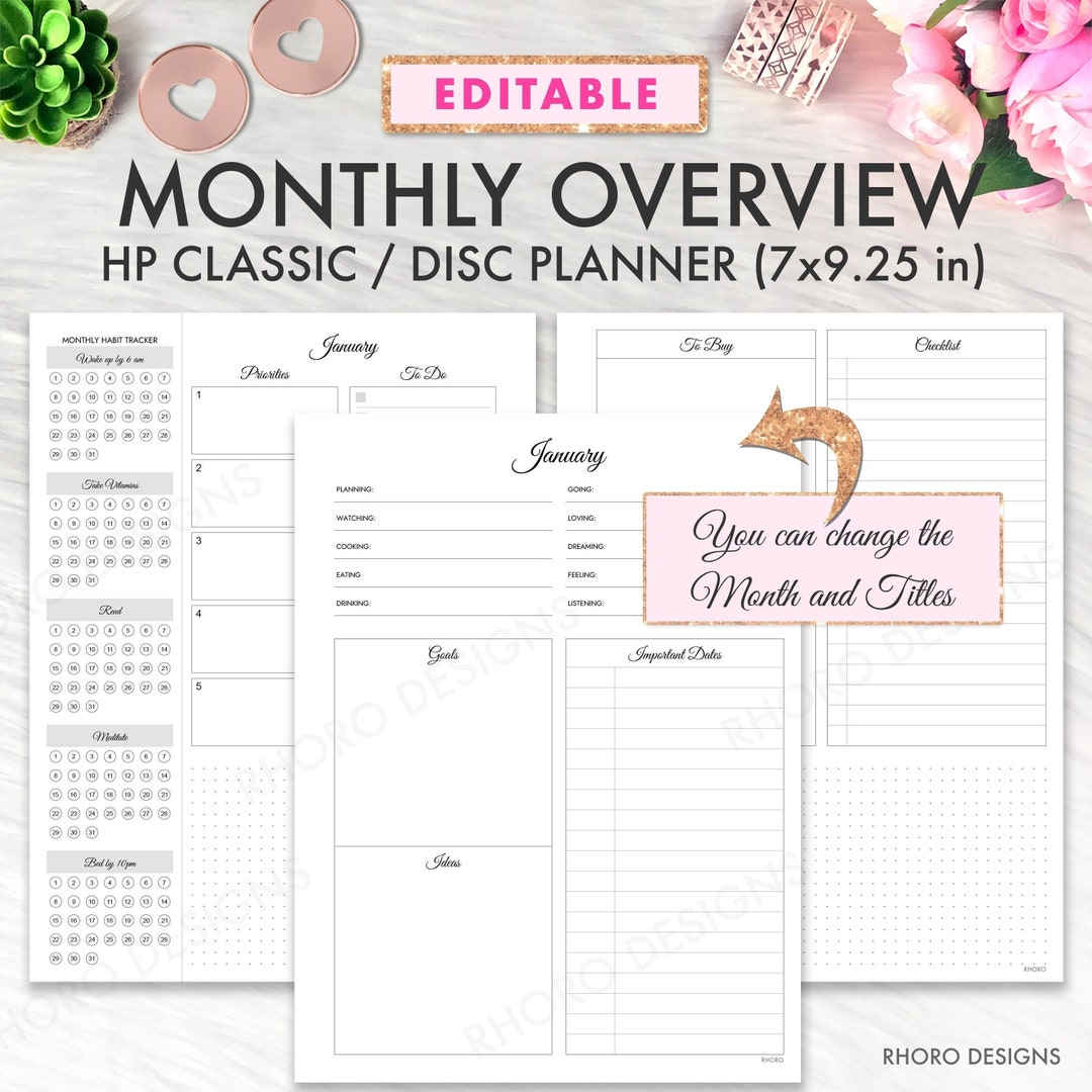 Happy Planner Monthly Printable Inserts, Monthly Overview, Month at A ...