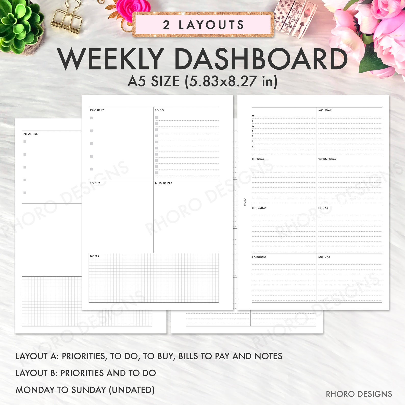 A5 Planner Inserts Printable Weekly Dashboard Insert A5 Etsy