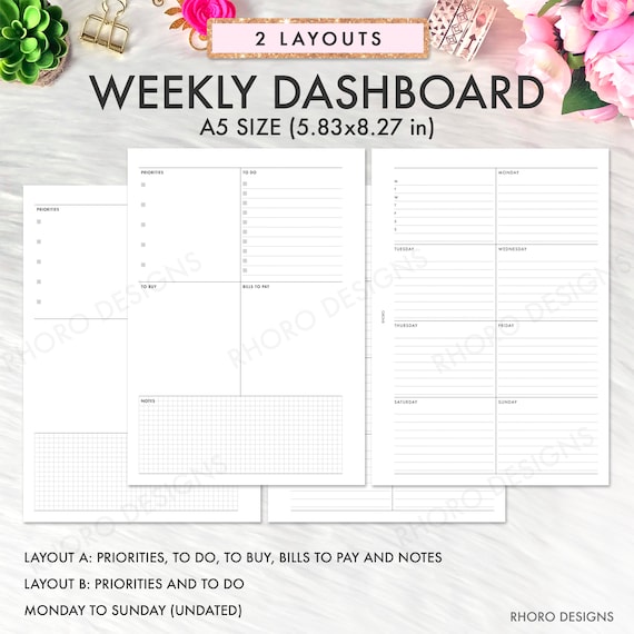 A5 Planner Inserts Printable, Weekly Dashboard Insert, A5 Inserts Weekly Undated Printable Inserts, Filofax A5, Kikki K Large, A5 Weekly