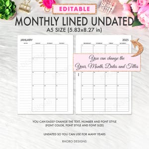 EDITABLE A5 Planner Inserts Printable, A5 Monthly Lined Inserts, A5 Monthly Calendar 2025 Printable, A5 Monthly Planner Inserts, Filofax A5