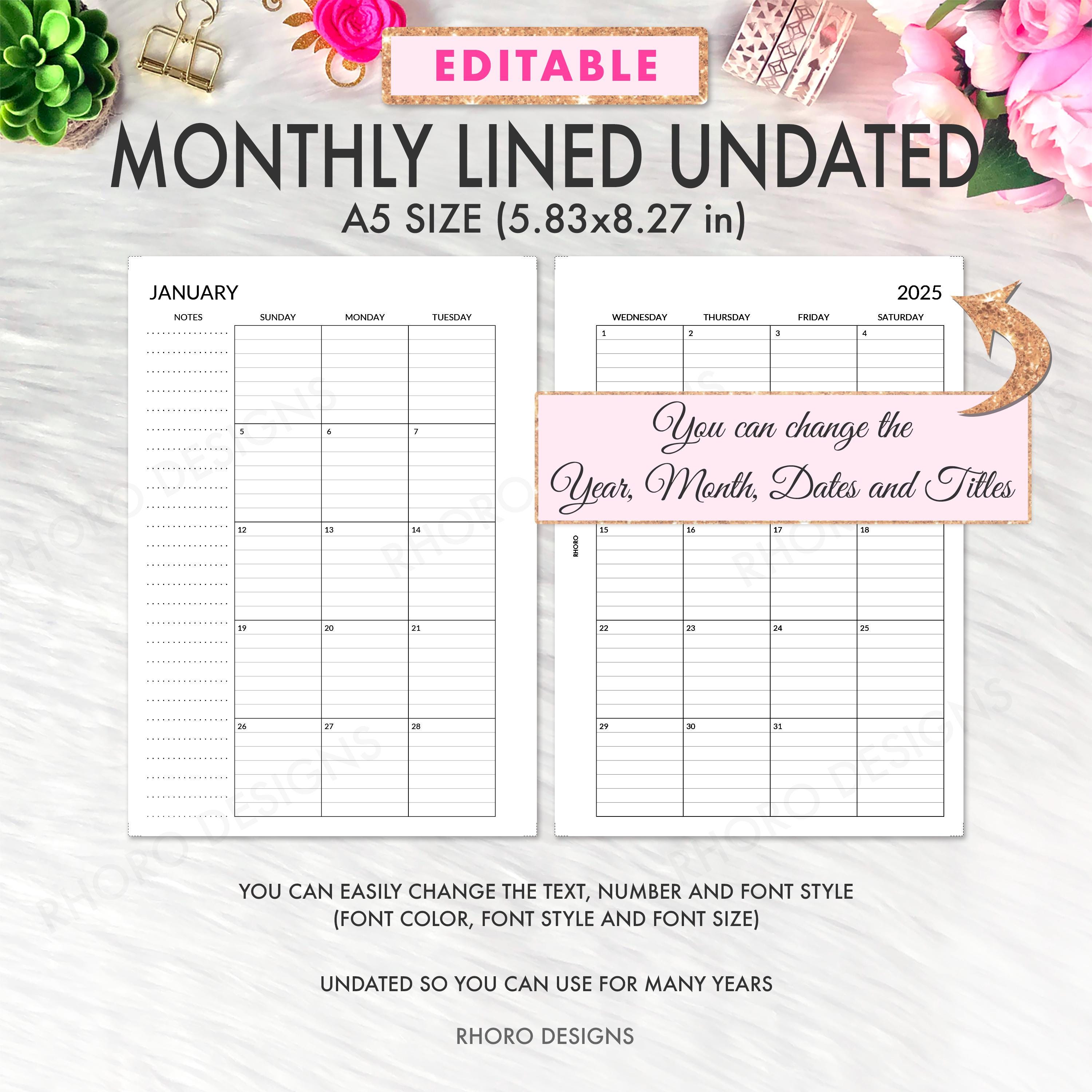 EDITABLE A5 Planner Inserts Printable, A5 Monthly Lined Inserts, A5 Monthly Calendar 2025 Printable, A5 Monthly Planner Inserts, Filofax A5