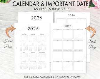 A5 Calendar 2025 2026, A5 Planner Inserts Printable 2025, A5 Printable Inserts, A5 Printable 2025 Calendar, A5 Important Dates Pages Refill