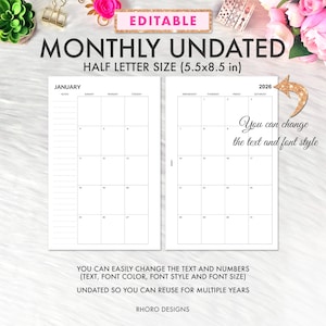 EDITABLE Half Page Calendar 2026, Half Page Planner Inserts, Monthly Undated, Half Letter Printable Inserts, Half Page Printable Inserts PDF