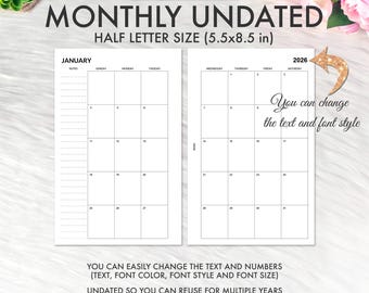 BEWERKBARE kalender met halve pagina's 2026, planner voor halve pagina's, maandelijks ongedateerd, afdrukbare inlegvellen voor halve letters, afdrukbare insteekkaarten voor halve pagina's