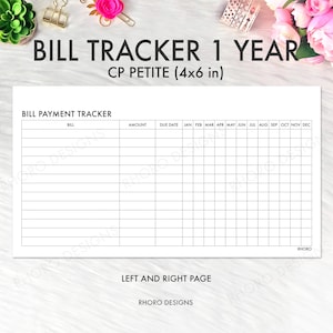 May include: A white paper bill payment tracker insert measuring 4x6 inches. The grid features columns for bill name, amount, due date, and twelve months from January to December. The text reads BILL TRACKER 1 YEAR, CP PETITE, and RHORO.