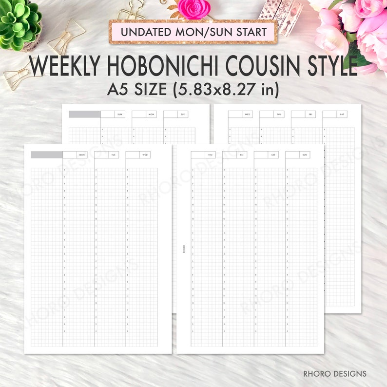 May include: Printable weekly planner in A5 size (5.83x8.27 inches) with a grid layout. The planner is undated and starts on Monday and ends on Sunday. The text "UNDATED MON/SUN START" and "WEEKLY HOBONICHI COUSIN STYLE" is at the top of the page. The text "A5 SIZE (5.83x8.27 in)" is below the title. The text "RHORO DESIGNS" is at the bottom of the page.
