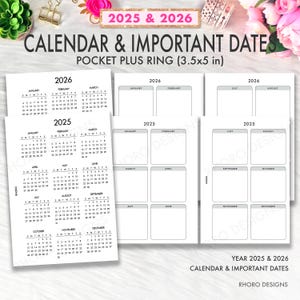 Pocket Plus Rings Printable Insert 2025 2026 Calendar Date, Year At A Glance Pocket Plus Planner Printable, Pocket Plus Insert PDF Download