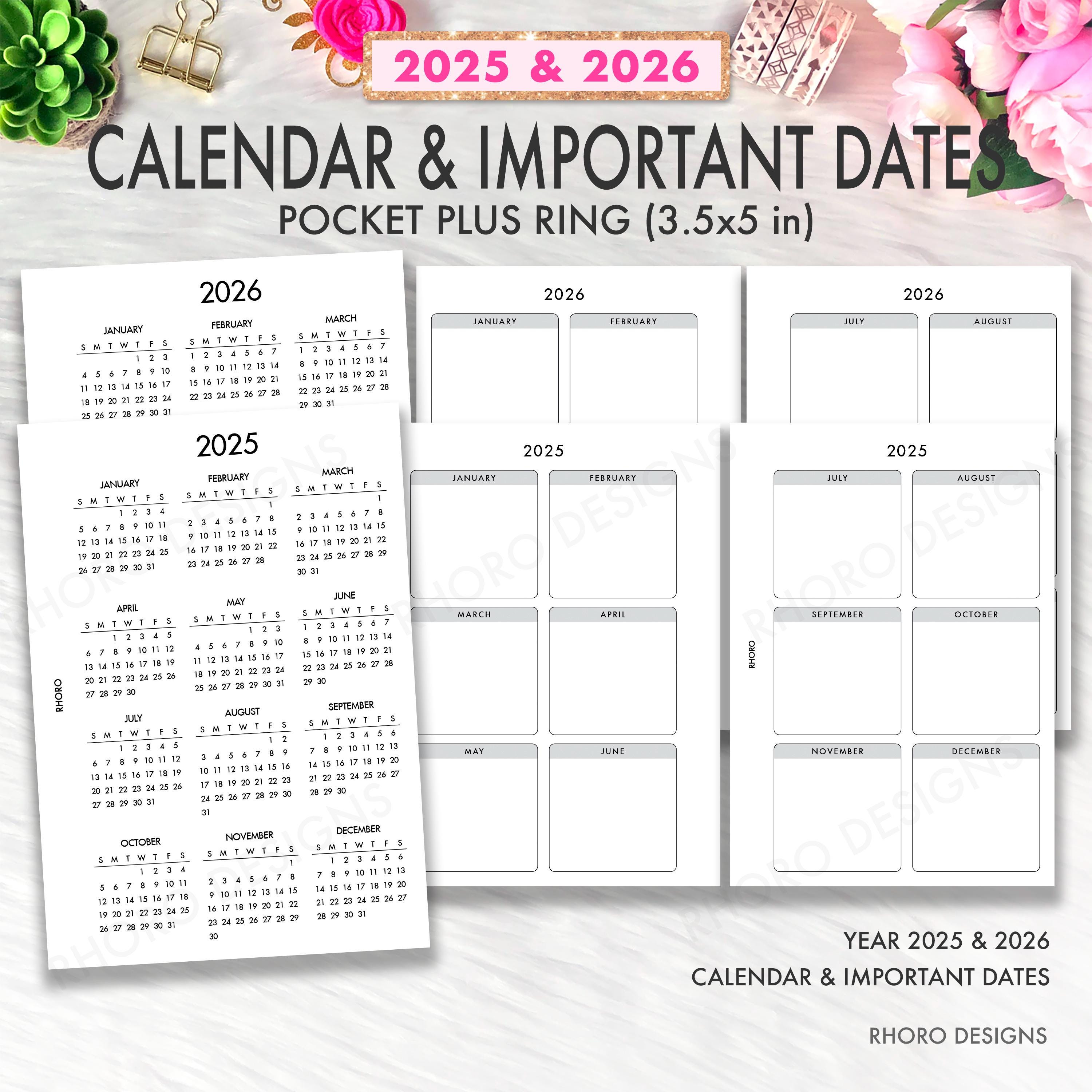 Pocket Plus Rings Printable Insert 2025 2026 Calendar Date, Year at A ...