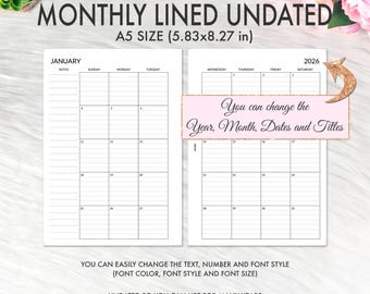 EDITABLE A5 Planner Inserts Printable, A5 Monthly Lined Inserts, A5 Monthly Calendar 2026 Printable, A5 Monthly Planner Inserts, Filofax A5