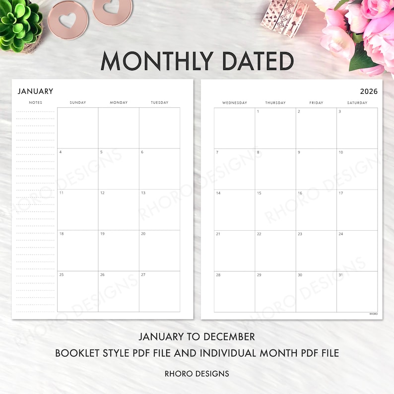 May include: A white, monthly dated calendar for 2026, featuring a January spread with a grid layout. The calendar includes the text "MONTHLY DATED", "JANUARY", and "JANUARY TO DECEMBER". The design is a booklet style PDF file and individual month PDF file.