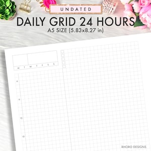 May include: Undated daily grid planner with 24 hour time blocks. The planner is A5 size, which is 5.83 inches by 8.27 inches. The planner has a grid layout with a section for daily notes and a section for weekly tasks.