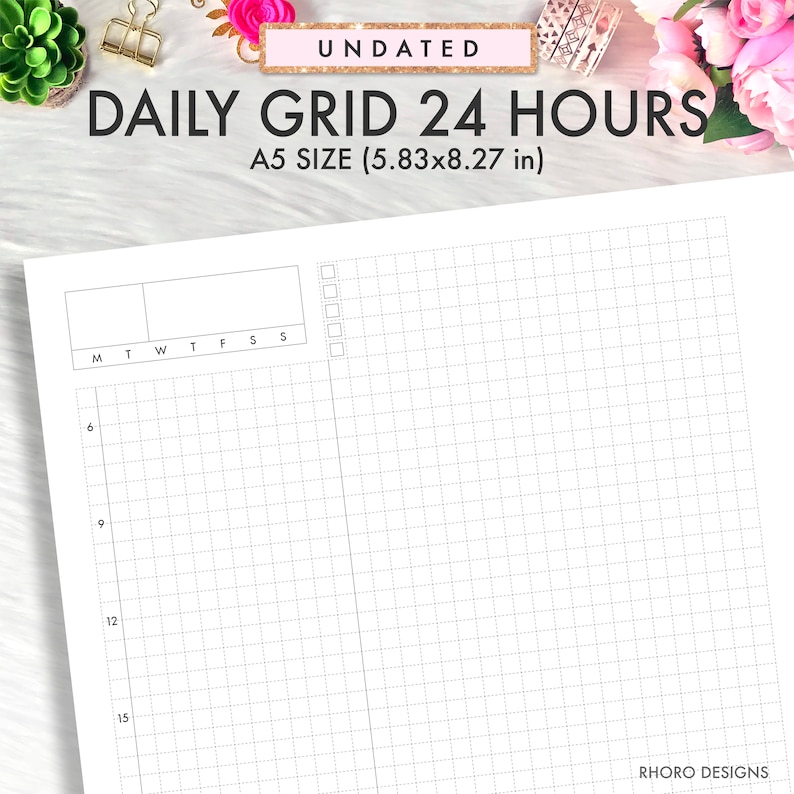 May include: Undated daily grid planner with 24 hour time blocks. The planner is A5 size, which is 5.83 inches by 8.27 inches. The planner has a grid layout with a section for daily notes and a section for weekly tasks.