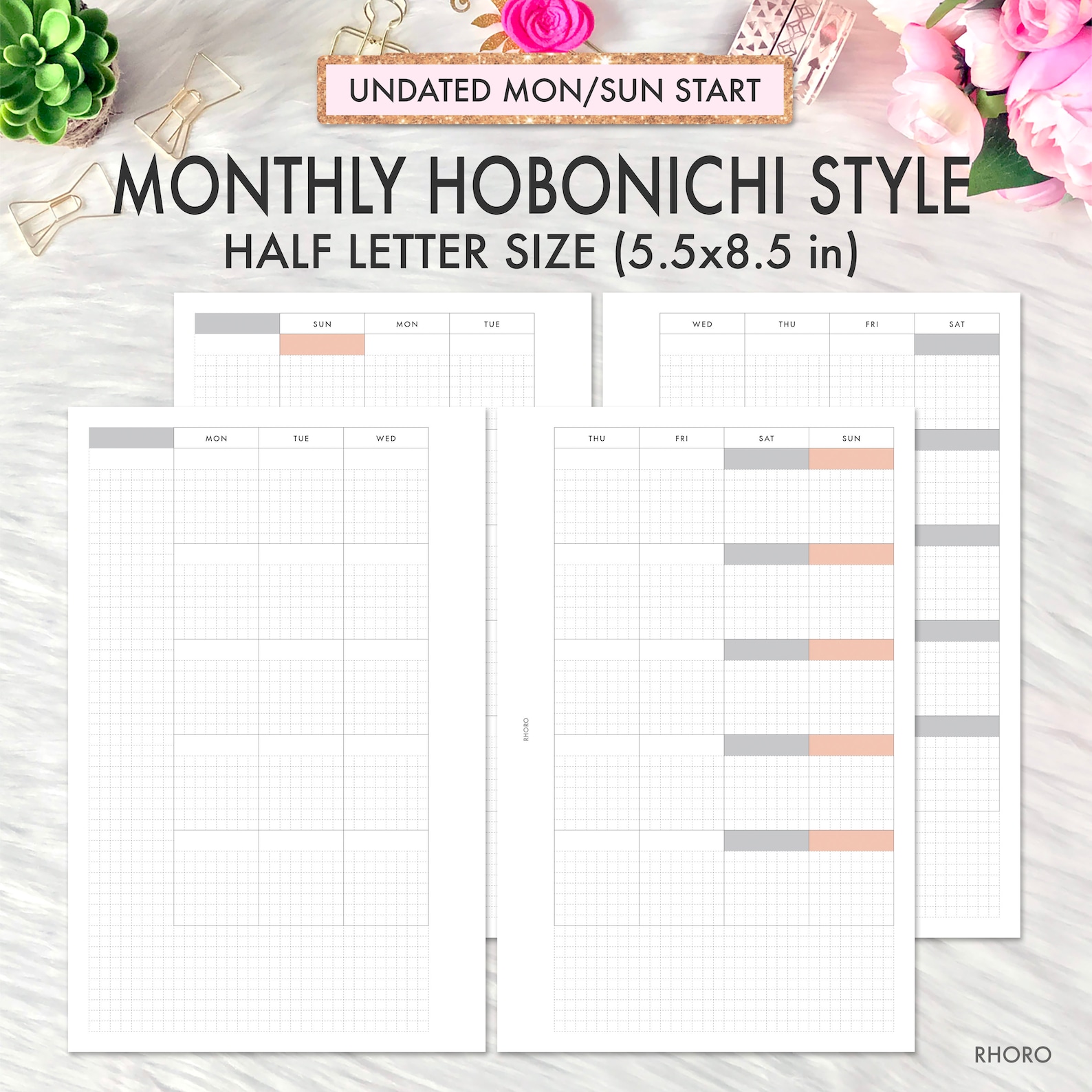 Half Letter Planner Inserts Printable, Hobonichi Weeks Grid Style ...