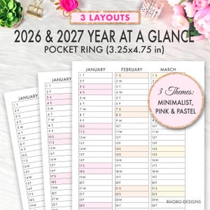 Può includere: Un'agenda minimalista con temi rosa e pastello. Presenta un calendario 2026 e 2027 per un anello tascabile, con misure di 8,26 cm x 12,07 cm. Il design include il testo "3 LAYOUTS".