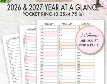 Taschenringe Printable Insert Kalender 2026 2027 Jahr auf einen Blick Pocket Planer Printable, Filofax Pocket Refill, Kalenderübersicht Taschen-PDF