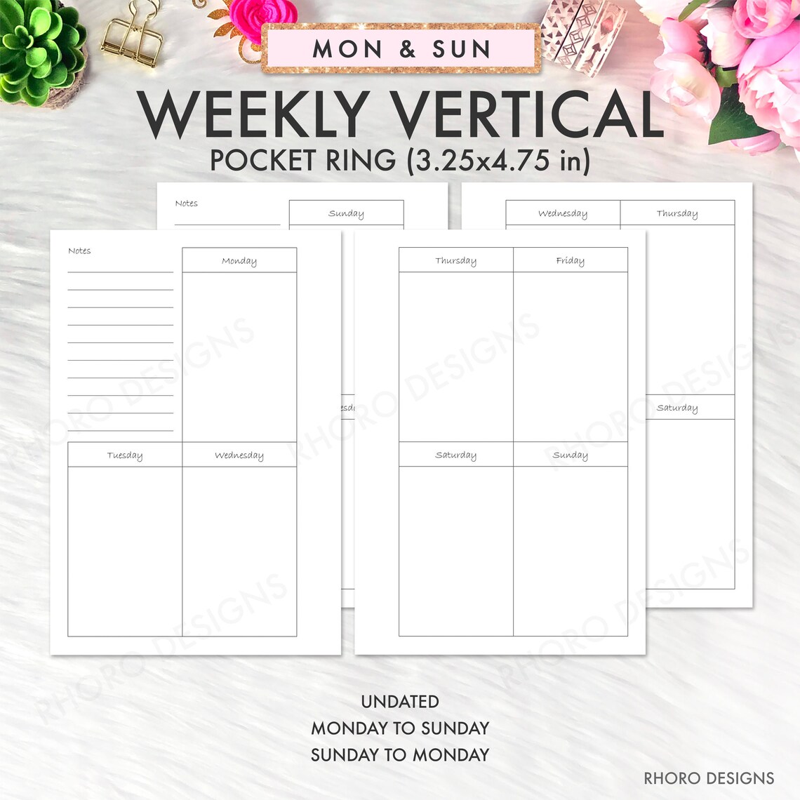Weekly Vertical Box Pocket Rings Insert Printable Pocket | Etsy