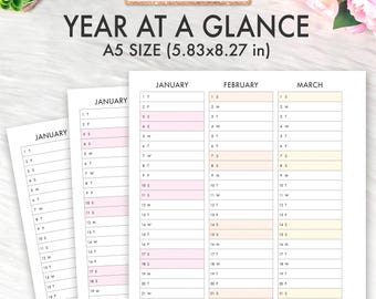 A5 Jahr auf einen Blick, A5 Planereinlagen zum Ausdrucken, A5 Jahresübersicht, A5 2026 2027 Kalender, A5 Planereinlage, Filofax A5, PDF Download