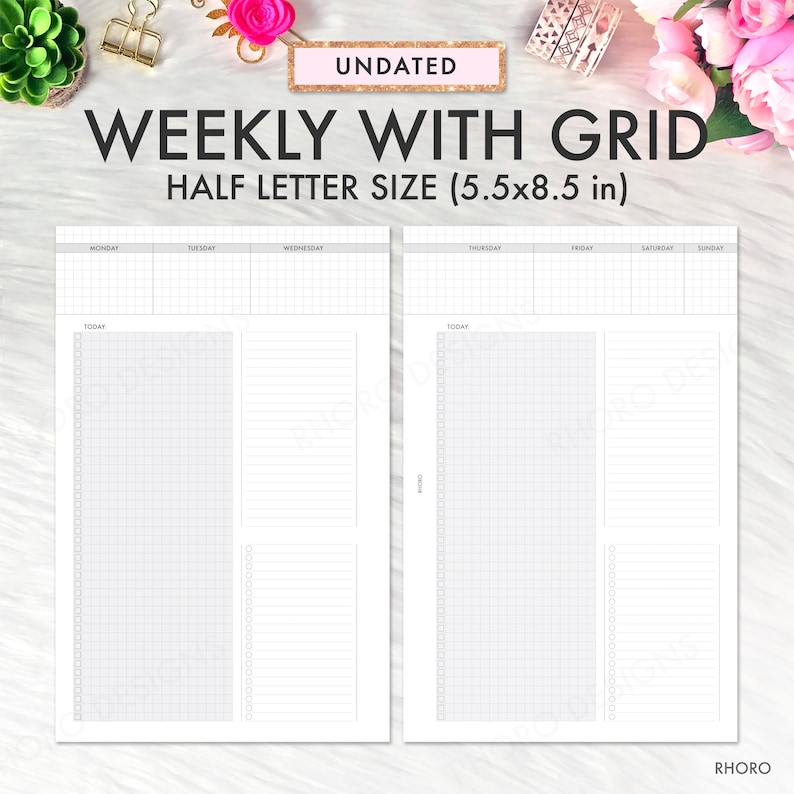Half Letter Planner Inserts Printable, Weekly Grid, Grid Inserts ...
