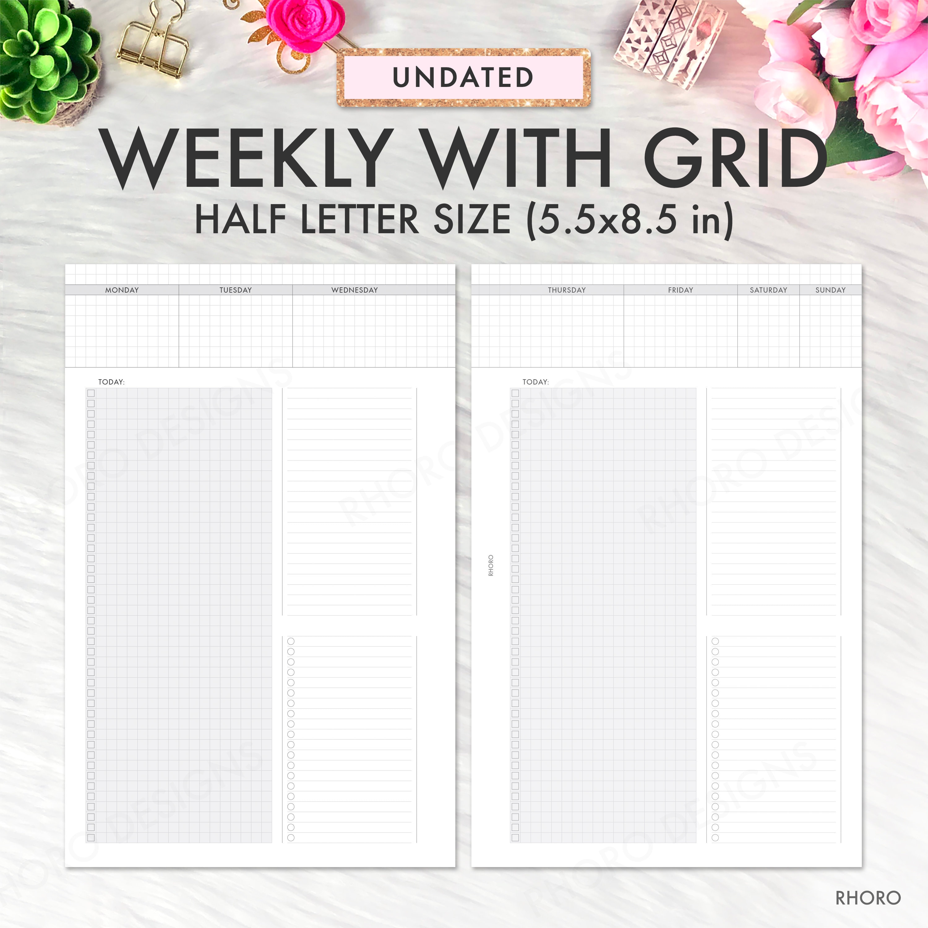 Half Letter Planner Inserts Printable Weekly Grid Grid | Etsy