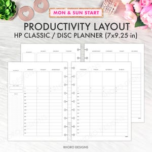 May include: A white Productivity Layout planner with a disc binding, measuring 7x9.25 inches. The planner includes sections for each day of the week, with space for notes and daily habits. The text "MON & SUN START" is at the top.