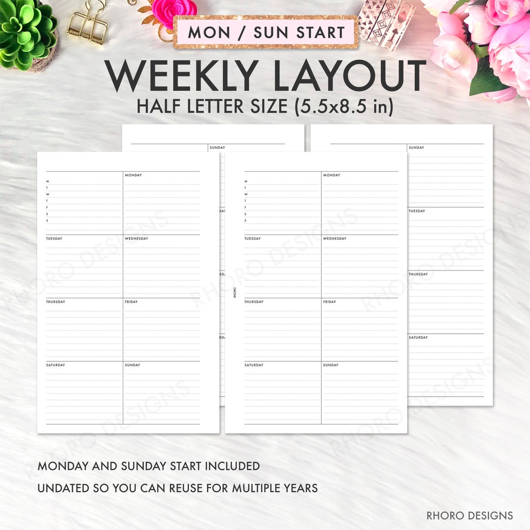Half Letter Planner Inserts Printable, Weekly Insert, Half Letter ...