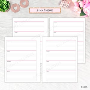 May include: Printable weekly planner pages with a pink theme. The pages are divided into days of the week, with space for notes and tasks. The planner is designed for personal use.