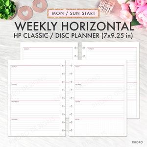 Op de afbeelding: Een wekelijkse horizontale planner voor HP Classic / Disc-planners, met een afmeting van 17,78 cm bij 23,5 cm. De planner heeft een witte achtergrond met roze lijnen en een gestippeld notitiegedeelte. De planner is ontworpen voor een start van maandag tot zondag.