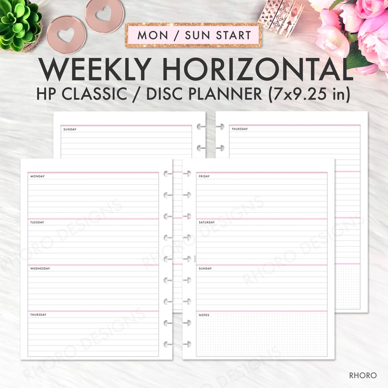 Op de afbeelding: Een wekelijkse horizontale planner voor HP Classic / Disc-planners, met een afmeting van 17,78 cm bij 23,5 cm. De planner heeft een witte achtergrond met roze lijnen en een gestippeld notitiegedeelte. De planner is ontworpen voor een start van maandag tot zondag.
