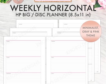 May include: A weekly horizontal HP Big/Disc planner with a minimalist, gray, and pink theme. The planner is 8.5x11 inches and includes sections for each day of the week, Monday through Friday. The design features pink accents and a clean layout.