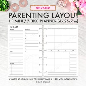 May include: A white planner insert with a parenting layout, featuring sections for priorities, meal plans, home chores, to-buy lists, and due dates. The planner is undated and designed for a HP Mini / 7 disc planner, measuring 4.625 x 7 inches.