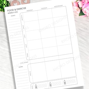 May include: A white weekly food and exercise log with the text "FOOD & EXERCISE WEEKLY LOG" at the top. The log includes sections for goals, meals, exercise, and water intake, with spaces for Monday, Tuesday, and Wednesday.