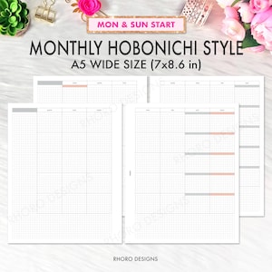 A5 Wide Monthly Printable Undated, A5 Wide Monthly Calendar Planner, A5 Planner Inserts Printable, Hobonichi Style Monthly Grid A5 PDF