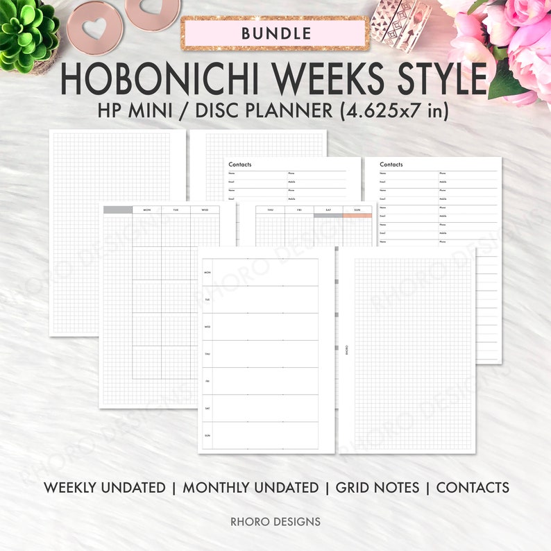 May include: A printable planner bundle for a Hobonichi Weeks style planner. The bundle includes weekly undated pages, monthly undated pages, grid notes pages, and contact pages. The pages are designed for a HP Mini / Disc Planner (11.75 x 17.78 cm).