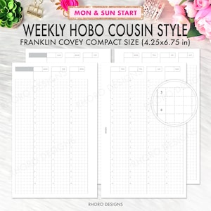 Könnte beinhalten: Weekly Hobo Cousin Style Planereinlagen für Franklin Covey Compact Größe (10,8x17,1 cm). Die Einlagen haben ein Rasterlayout mit Zeitschlitzen und Wochentagen. Der Text "MON & SUN START" steht oben.