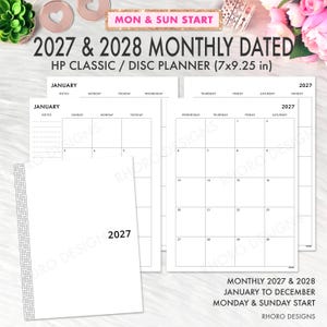 May include: A set of 2027 and 2028 monthly dated planner inserts for HP Classic disc planners measuring 17.78x23.5 cm. The white paper pages feature black grid lines, monthly calendar grids, and headers for days of the week with Monday and Sunday start options.