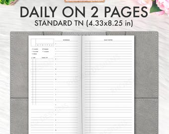 Könnte beinhalten: Offenes graues Lederjournal mit dem Text "DAILY ON 2 PAGES" und "STANDARD TN (11 x 21 cm)". Das Journal ist zu einer leeren Tagesplanerseite mit einem Zeitplan und einer Aufgabenliste auf der linken Seite und linierten Notizen auf der rechten Seite geöffnet. Das Wort "UNDATED" steht oben.