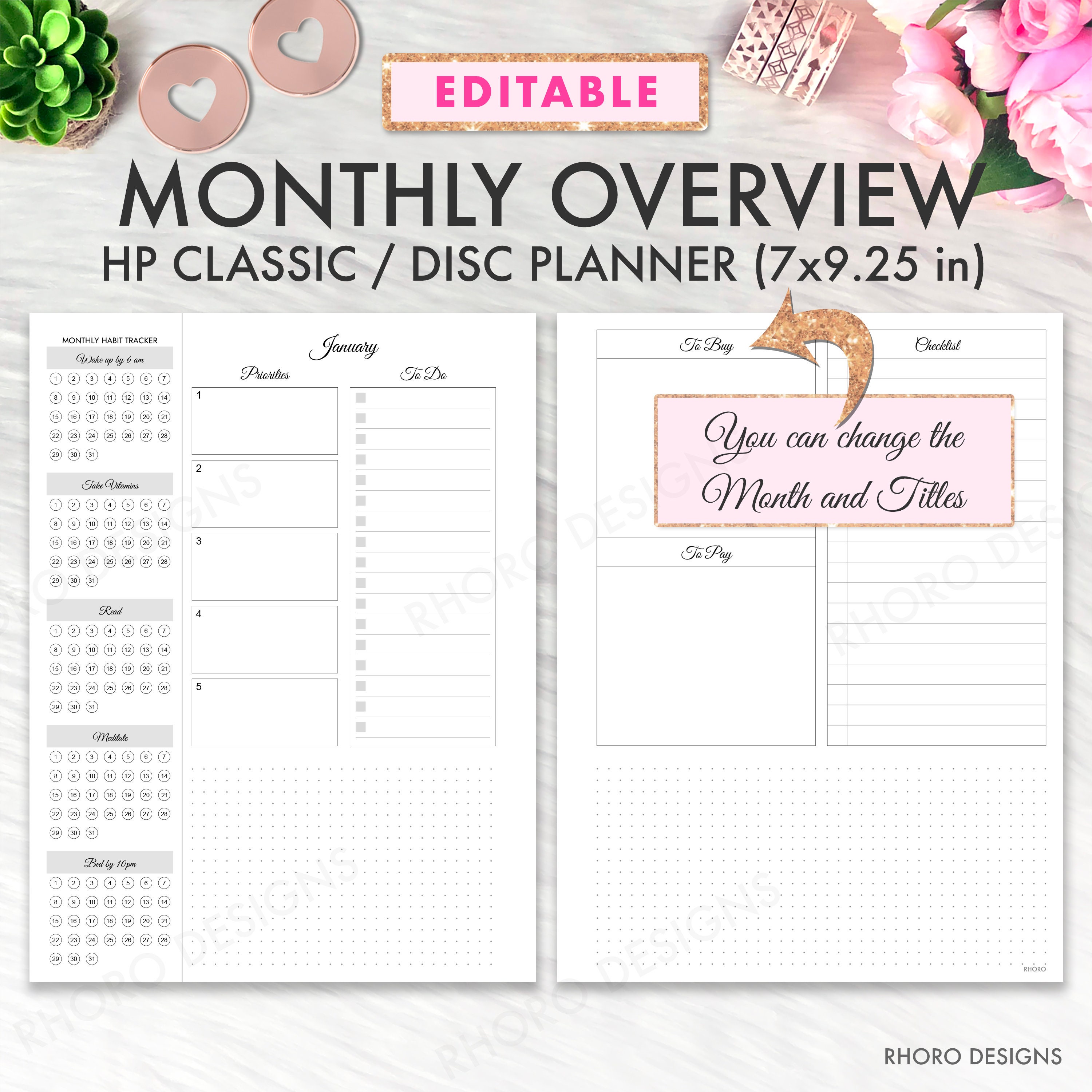 Happy Planner Monthly Printable Inserts, Monthly Overview, Month at A ...