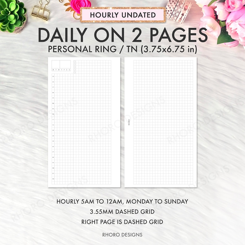 May include: Two blank pages for a daily planner, with a 3.55 mm dashed grid. The pages are designed for a personal ring or traveler's notebook, measuring 3.75 by 6.75 inches. The planner is hourly from 5 AM to 12 AM, Monday to Sunday.