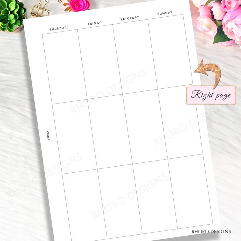 K&ouml;nnte beinhalten: Eine leere wei&szlig;e Wochenplanerseite mit Rasterlinien f&uuml;r jeden Wochentag. Die W&ouml;rter "Donnerstag", "Freitag", "Samstag" und "Sonntag" stehen oben. Ein rosa Etikett mit den Worten "Right page" befindet sich auf der rechten Seite.