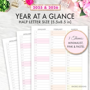 Inserciones para planificador de media carta, inserciones para media carta, calendario de resumen del año 2025-2026 de media carta para imprimir, inserciones para planificador de media carta en formato PDF