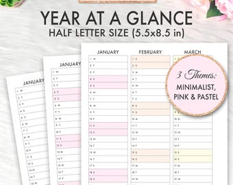 Half Letter Planner Inserts, Half Letter Inserts, Half Letter 2025 2026 Year At A Glance Calendar Printable, Half Letter Planner Inserts PDF