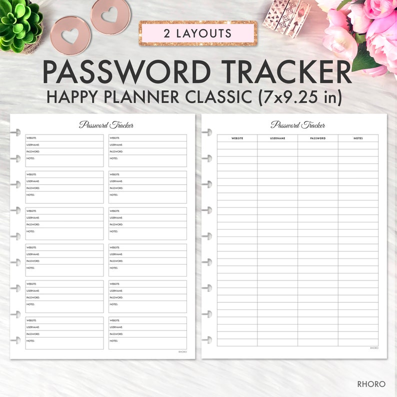 PASSWORD TRACKER Classic Happy Planner Printable Insert, Happy Planner Classic Password Printable Refill Inserts Planner, Password Tracker image 1