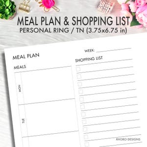 May include: A printable meal planner and shopping list template for a personal ring or traveler's notebook. The template is designed for a 3.75 by 6.75 inch notebook. The template includes sections for meals, a shopping list, and a space to write the week number.