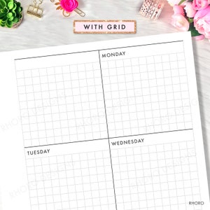 May include: A printable planner page with a grid layout. The page is divided into four sections, labeled "Monday", "Tuesday", "Wednesday", and "Thursday". The page is designed for use with a planner or journal.